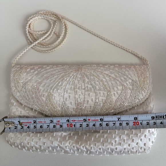 Vintage White Beaded Satin Clutch Purse | Pearl Evening Bag Bridal Prom 90s Y2K - Picture 7 of 9